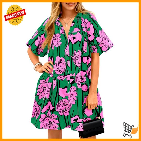 Dresses & Skirts - Floral Button Down Shirt Dress Puff Sleeve Mini Casual Loose Fit Summer